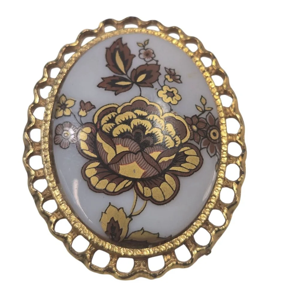 Vintage Cameo Brooch Women's Gold & White Floral Transfer Milk Glass Collectible